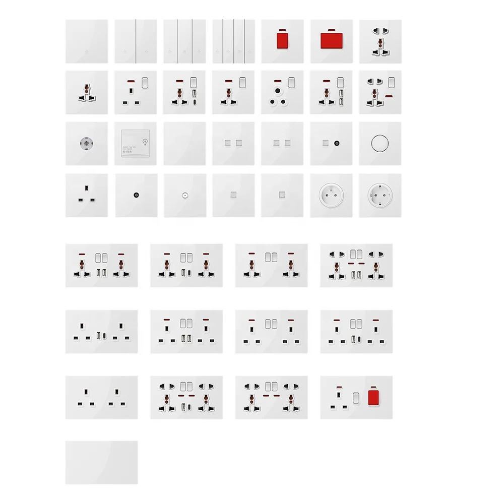 5PCS OEM UK 13A Stopkontak Listrik 1 Tombol Saklar 5 Pin Soket Penutup Kaca Panel Saklar Lampu Dinding Bahan Tembaga Kompatibel Wifi