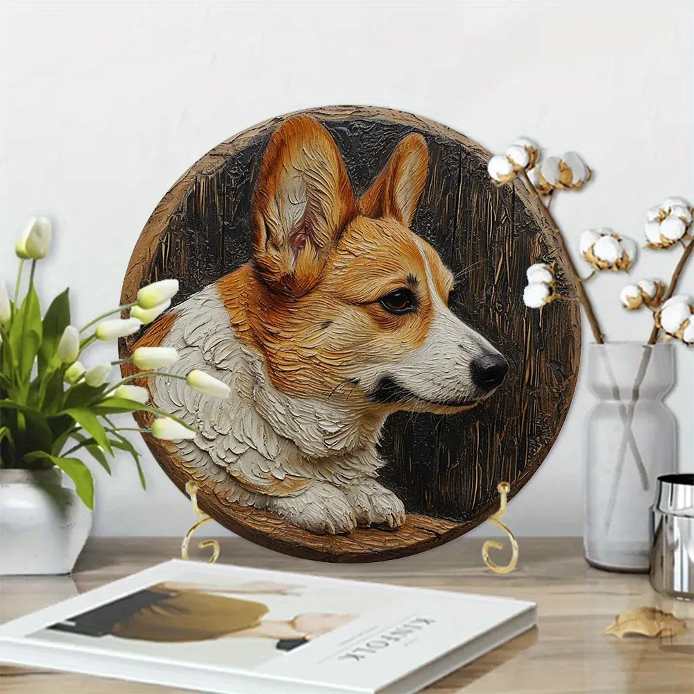 Spring Aluminum Metal Faux Woodblock Print Circular Wreath Sign Bedroom Decoration Mother's Day Gifts Corgi Themed Decoration