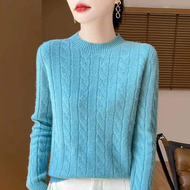 

Autumn And Winter Boutique High-End Knitting 100% Pure Wool Sweater Women's Fried Dough Twists Round Neck Pullover Long Sleeved