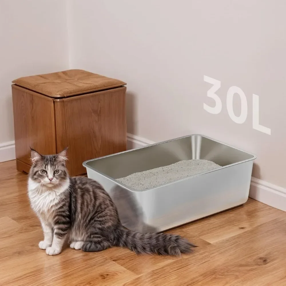 New Upgrade US Shipping XXL High Sided Stainless Steel Cat Litter Box for Large Cats Deep Non Stick Easy to Clean Odor Contro-Au