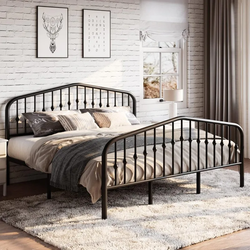 

Metal Platform Bed Frame with Victorian Style Wrought Iron-Art Headboard/Footboard, No Box Spring Required, Black