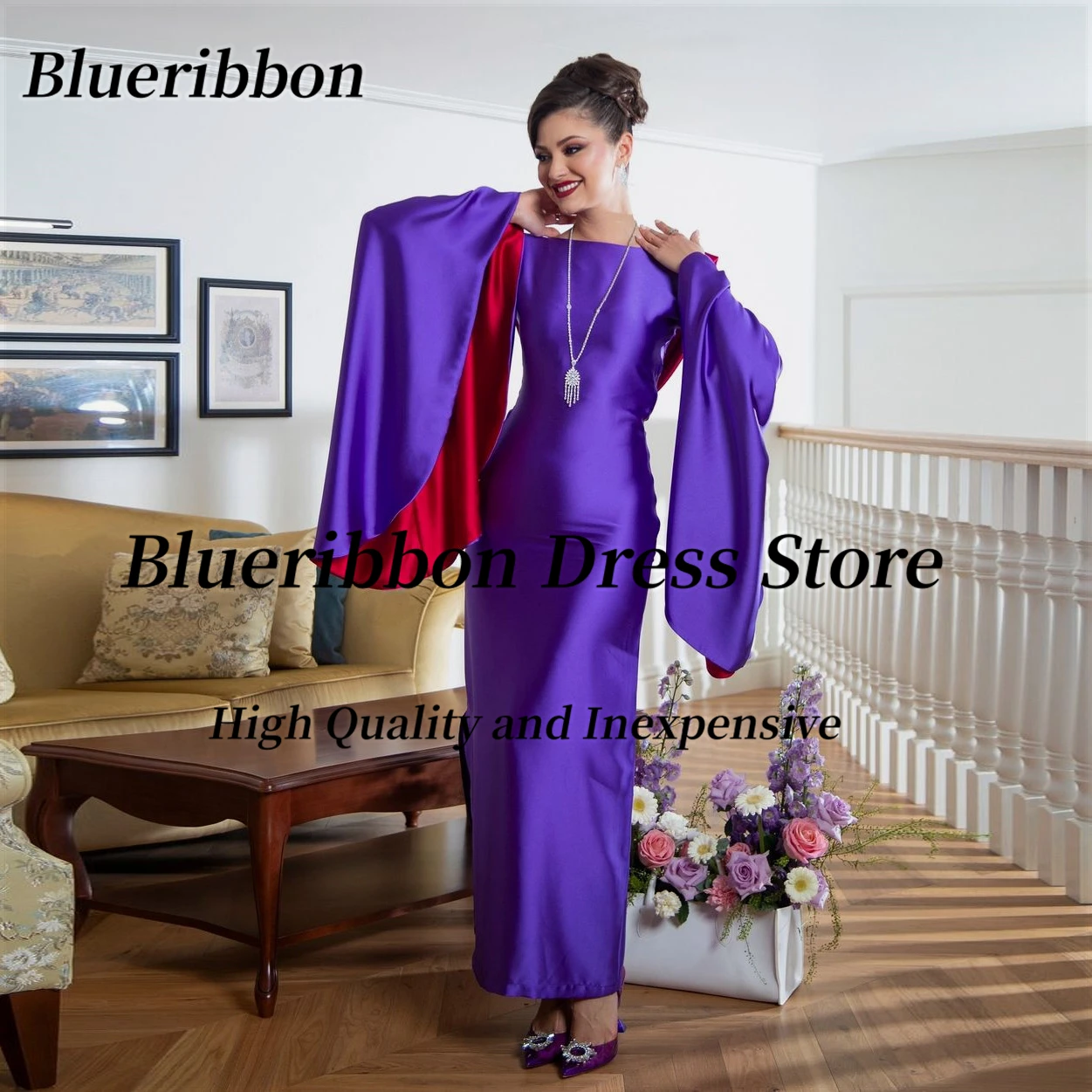 

Blueribbon Prom Dresses Saudi Arabia Party Ladies Wear Long Sleeves Evening Gowns Sexy Back Ankle Length Birthday Dress