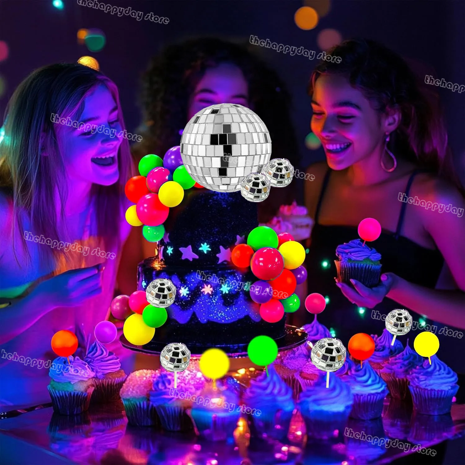 31-teiliges Leuchtkugel-Set für Torten, Disco-Kugeln, Neon-Kuchendekoration, Leuchtparty-Tortenverzierungen, Neon-Schwarzlicht-Cupcake-Deko – Detail 39