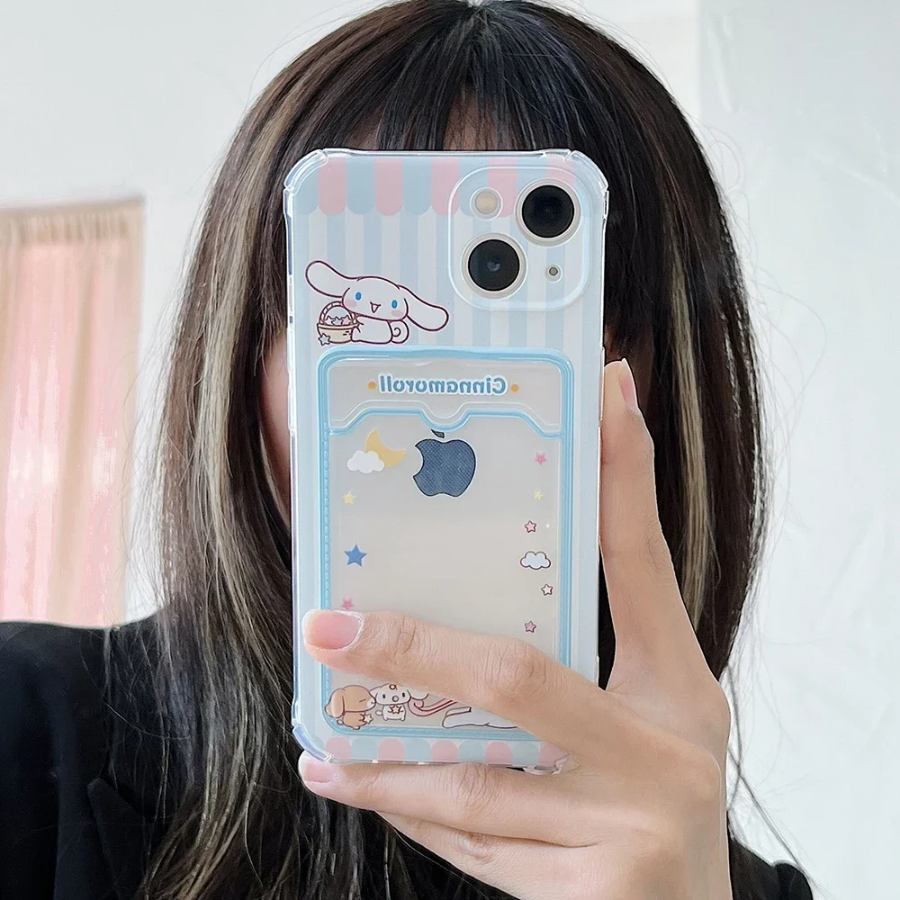 Sanrio Kuromi Cinnamoroll Pochacco Card Pocket Phone Case for IPhone 15 14 13 12 11 Pro Max Mini X XR XS MAX 7 8Plus Back Cover