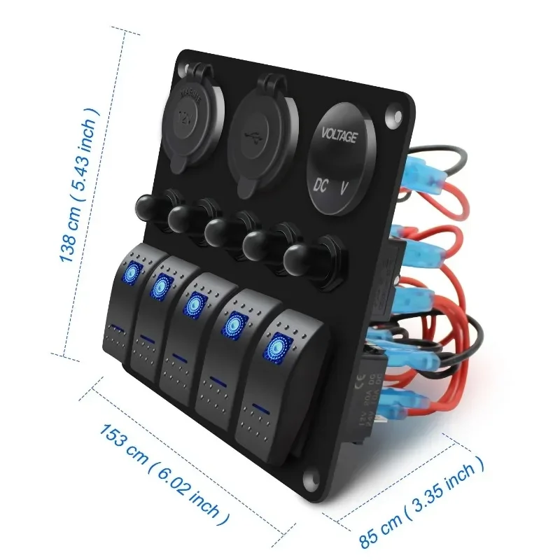 5 Gang Marine Boat Switch Panel 12V/24V IP65 Waterproof Pre-wired Rocker Switches with Dual USB 3.1A Voltmeter Cigarette Outlet