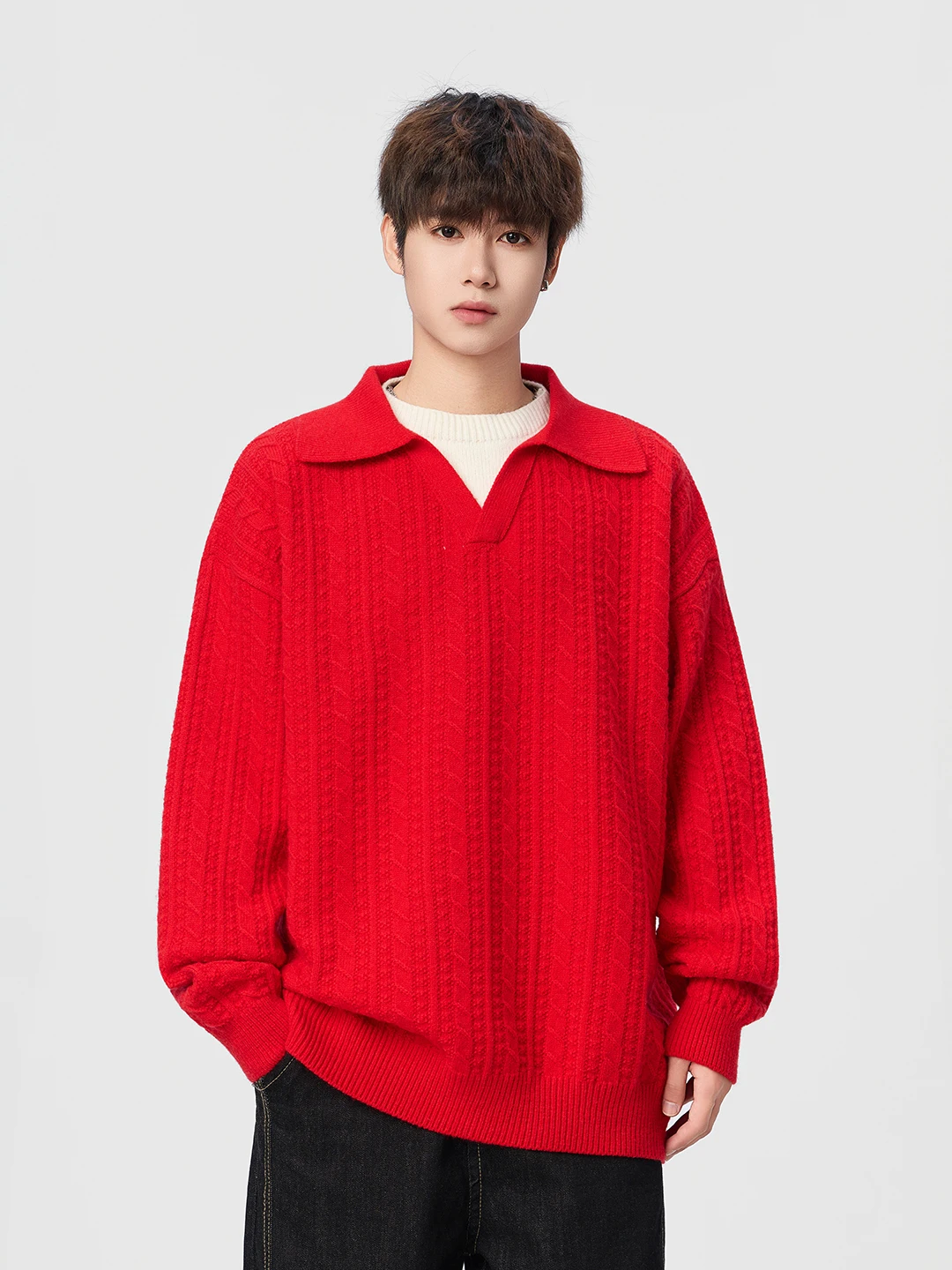 

Новый мужской вязаный свитер с длинным рукавом, повседневный, с воротником, универсальный базовый слой, удобный свободный крой, мягкая смесь акрила