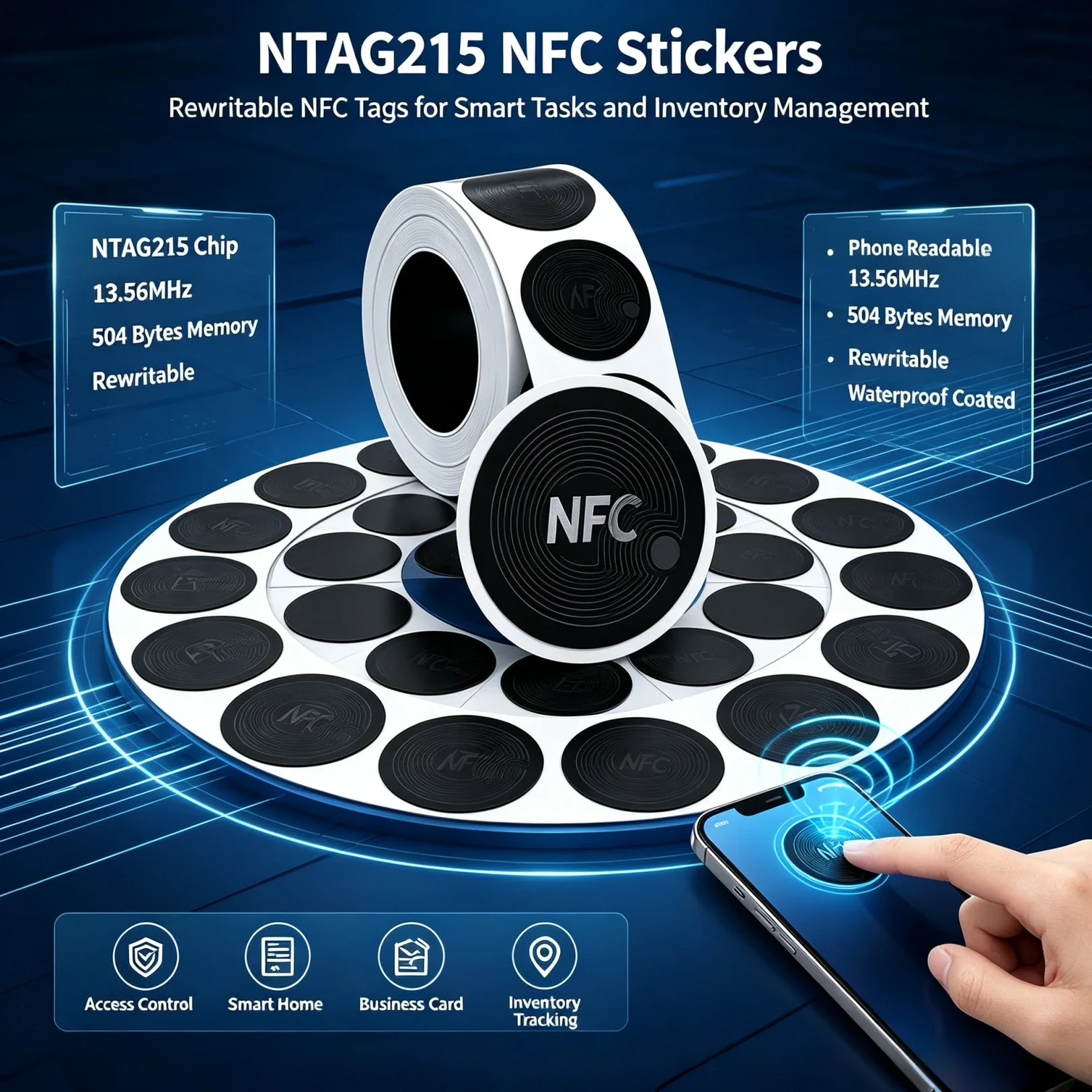 Rewritable NFC Paper Labels Rectangle NTAG215 NFC Tags Stickers, Self-adhesive RFID Sticker Compatible With NFC-Enabled phones