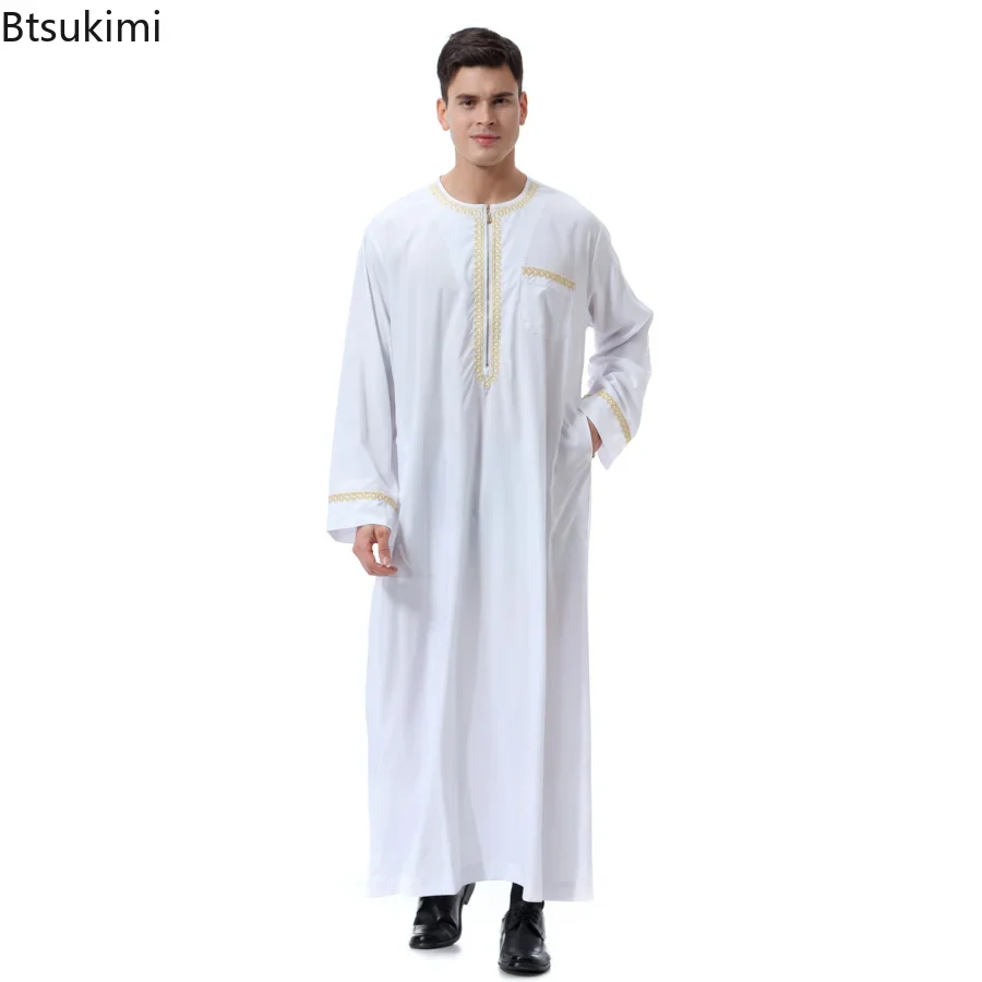 Moda muçulmana masculina abaya jubba thobe impressão zíper quimono manga longa cor sólida casual paquistão islam roupas botão bolso