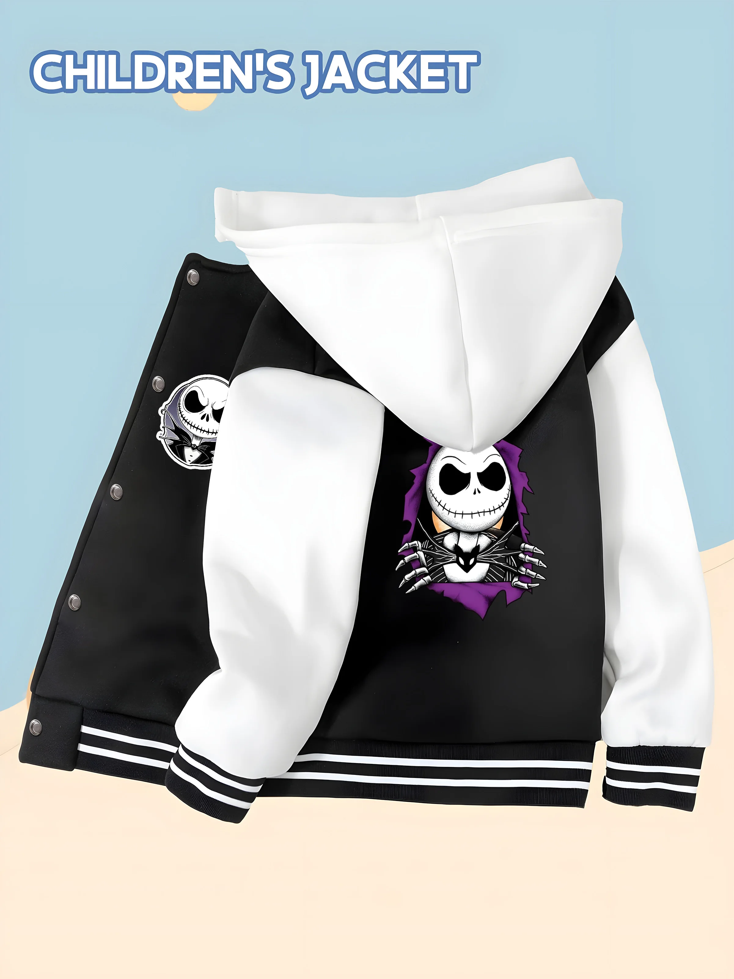 

MINISO Disney Boys' Baseball Jacket - Skull Jack Dark Style, Double-sided Unique Print, Personalized Casual Campus Wear