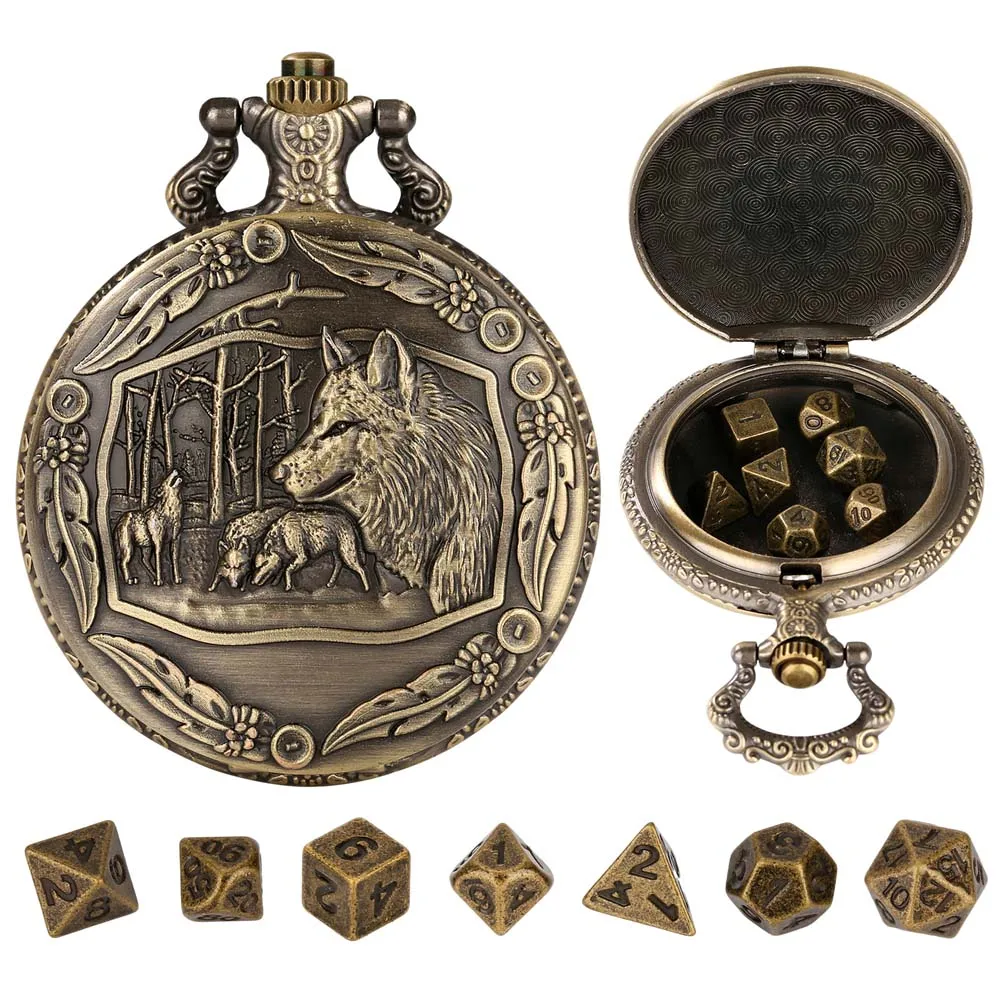 Designed Themed Carved Wolf Alloy Metal Pocket Watch Case with 7pcs Metal Polyhedral Table Game Dice Waist Chain Gifts for Men