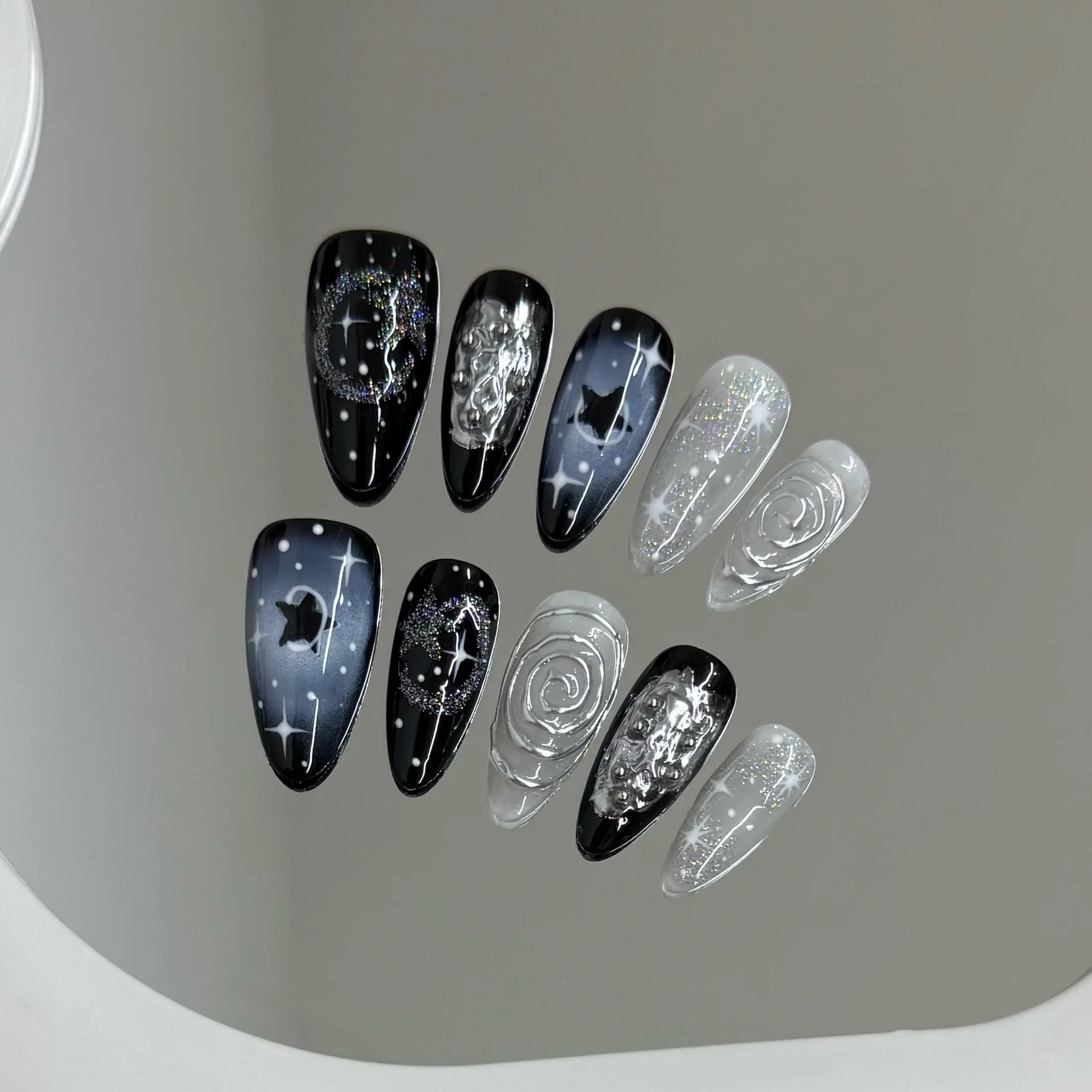 

10Pcs Handmade Press on Nails Dark Star Language Threaded Colorful False Nail for Women&Girl Flashing Detachable Wearable Nail