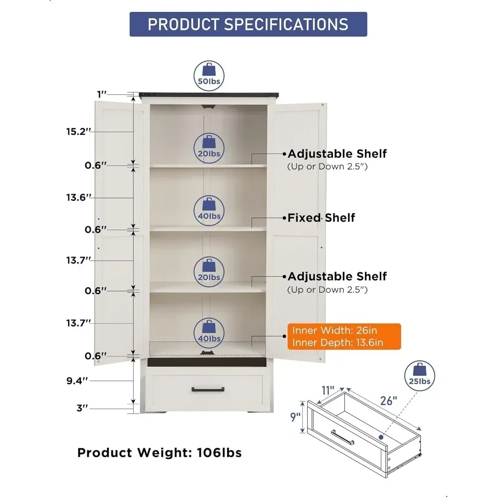 72" Tall Wood Kitchen Storage Cabinets with Adjustable Shelves & 2 Barn Doors& Drawer,Versatile Storage for Dining Room,Bathroom