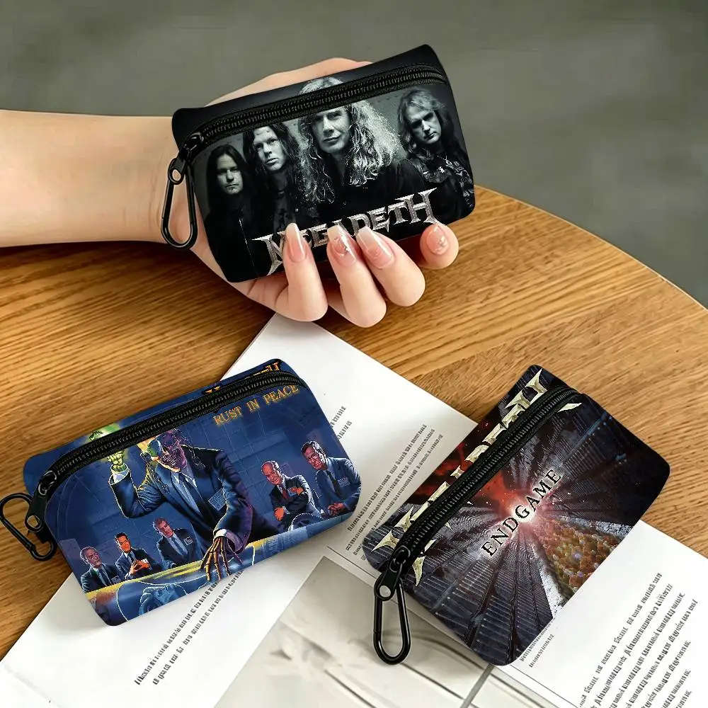 Heavy Metal Rock Band M-Megadeths Lightweight Oxford Fabric Coin Purse Black Carabiner Hook Card Holder Earphone Storage Pouch