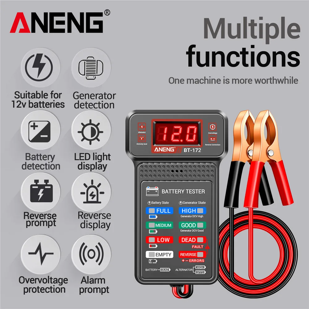 Car Battery Load Tester ANENG BT-172 Voltage Meter Gauge Digital Display Car Battery Monitor Amp Meter with Alligator Clips Tool