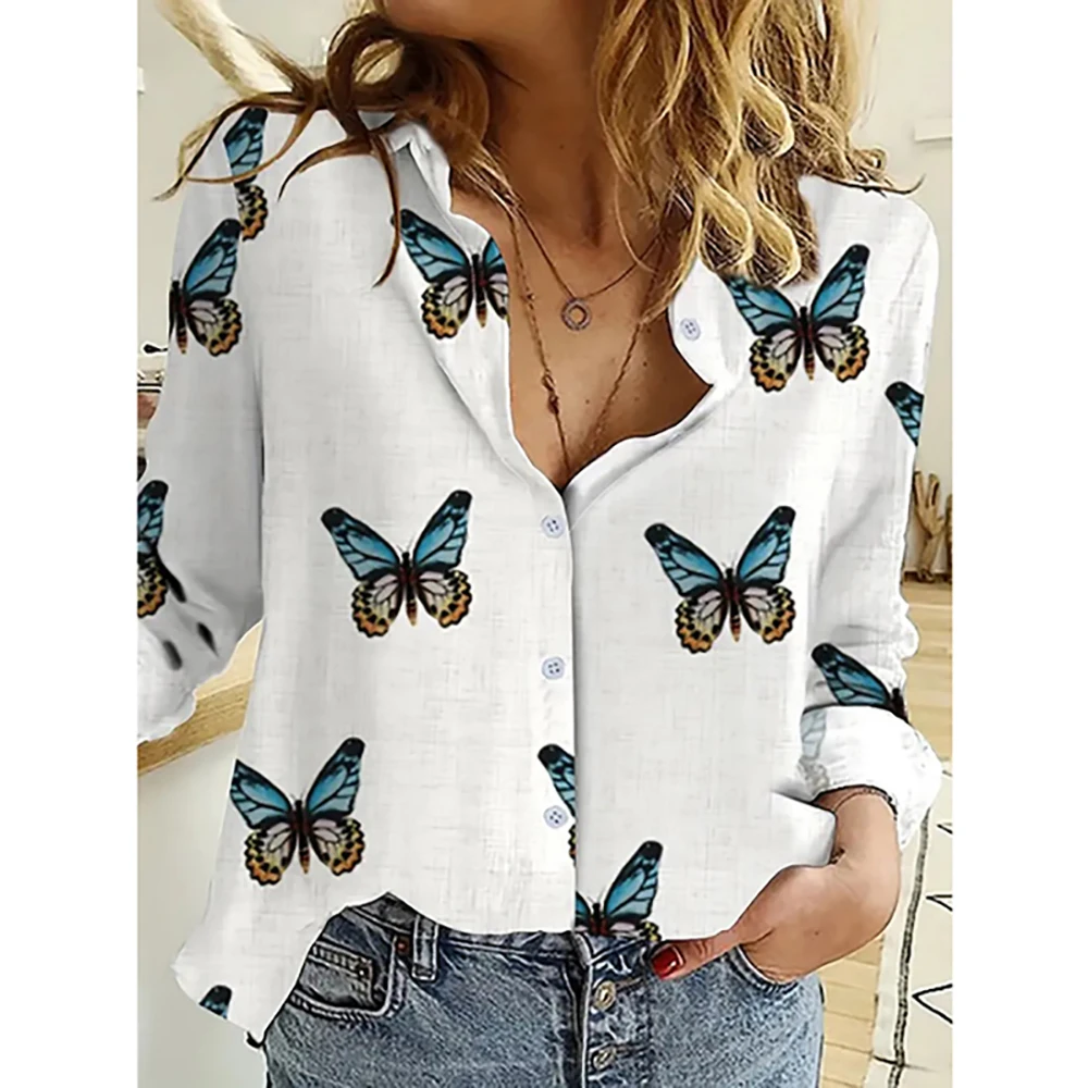 Women\'s Blouse Turn Down Collar Long Sleeve Hemp Fiber Shirts Top Feather Graphics Ladies Clothes Oversized Female Casual Shirts