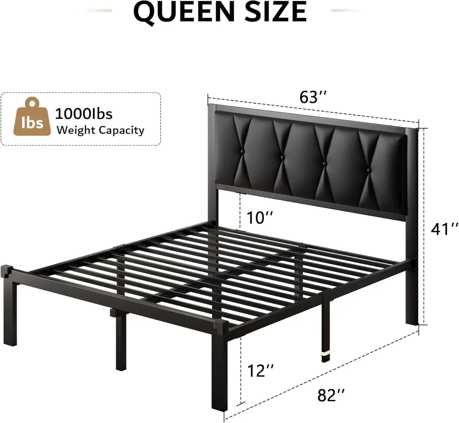 Queen Metal Bed Frame, Faux Leather Button Tufted Headboard Platform Bed, Steel Slats Support, 12