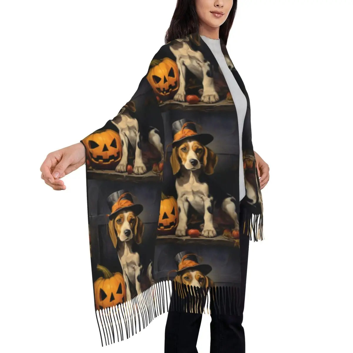 Cachecol Beagle de Halloween para mulheres, cachecóis pendão, xales macios e quentes, xale grande, envoltório outono e inverno