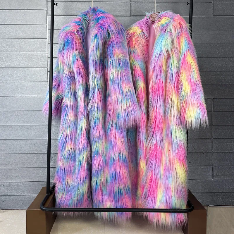 Abrigo largo de piel sintética con estampado para mujer, abrigo grueso elegante con cuello vuelto, chaquetas cálidas, abrigos sueltos para mujer, ropa de calle para invierno 2025