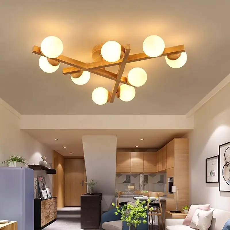 Moden Long Strip Wooden Led Ceiling Light Living Room Milky Glass Ball Bedroom Kitchen Study Loft Nordic Atmosphere Hanging Lamp