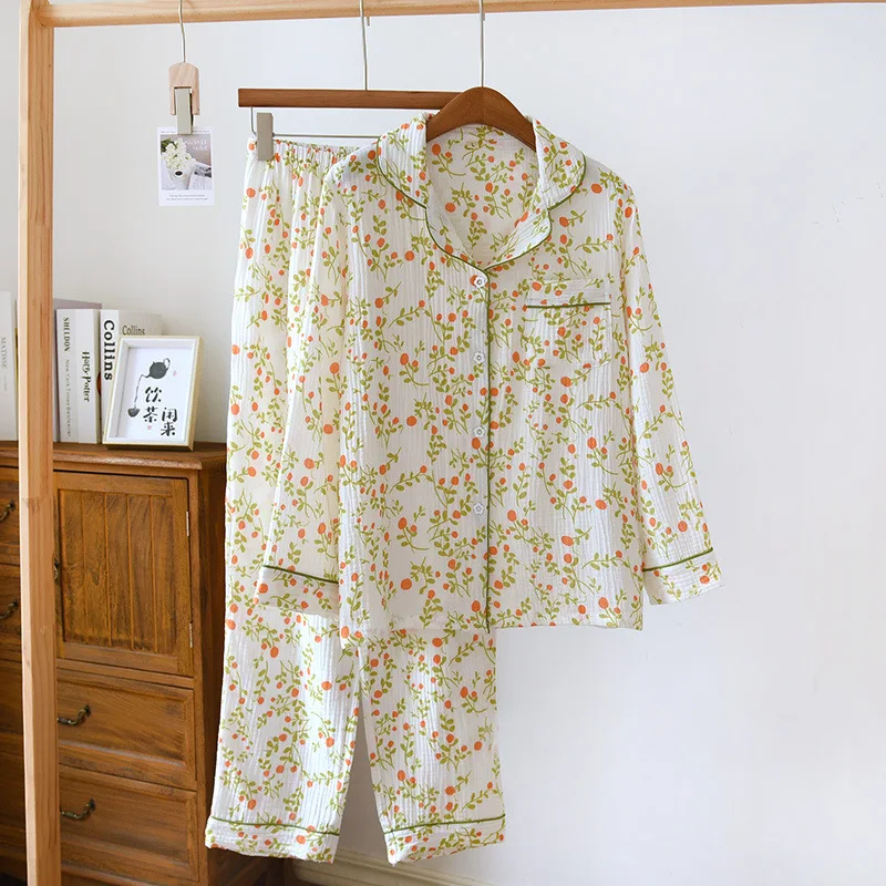 

Women's Cotton Pajama Set Long Sleeve Trousers Sleepwear Loose Fit Home Furnishing Two Piece Set Rural Floral Style Loungewear