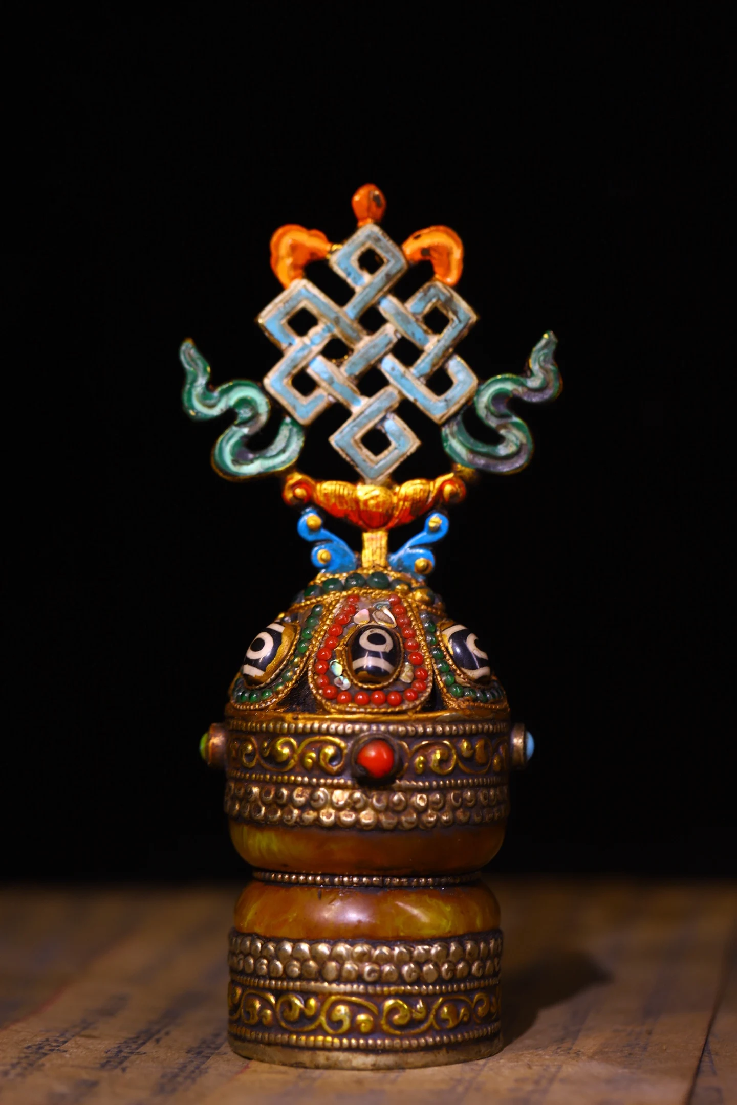 7“Old Bronze Painted Mosaic Gem gZi Beads Beeswax Lucky Eight Treasures Buddha Seal Pendant Amulet Dharam Worship Hall
