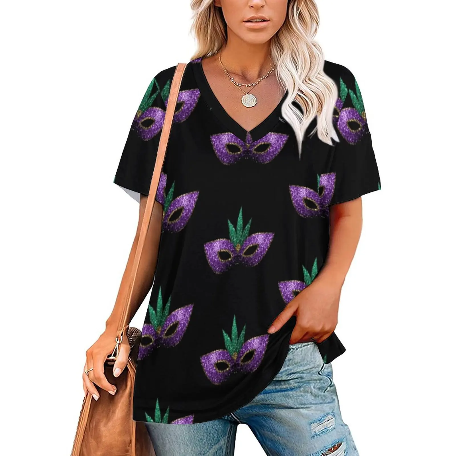 Camiseta con estampado de máscara de Mardi Gras para mujer, jersey de cuello redondo, color morado, verde, dorado, brillante de imitación, primavera y verano