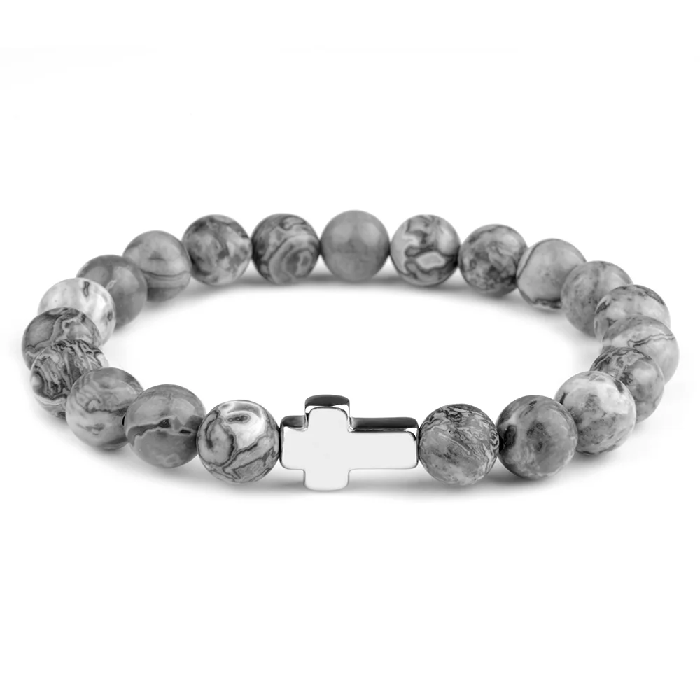 Pulseras cruzadas de piedra Natural para hombres y mujeres, pulsera de cuentas de Lava con mapa de cuerda elástica cruzada de acero inoxidable de