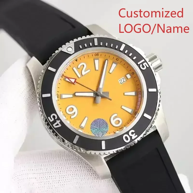 ساعات رجالي فائقة المحيط فاخرة باللون الأسود والأزرق المضيء من الفولاذ المقاوم للصدأ بإطار دوار من المطاط الميكانيكي الأوتوماتيكي حسب الطلب #1
