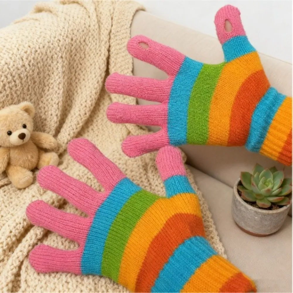 

Пара перчаток в радужную полоску с сенсорным экраном, утолщенные полосатые вязаные перчатки, теплые эластичные перчатки с половиной пальца, холодная погода