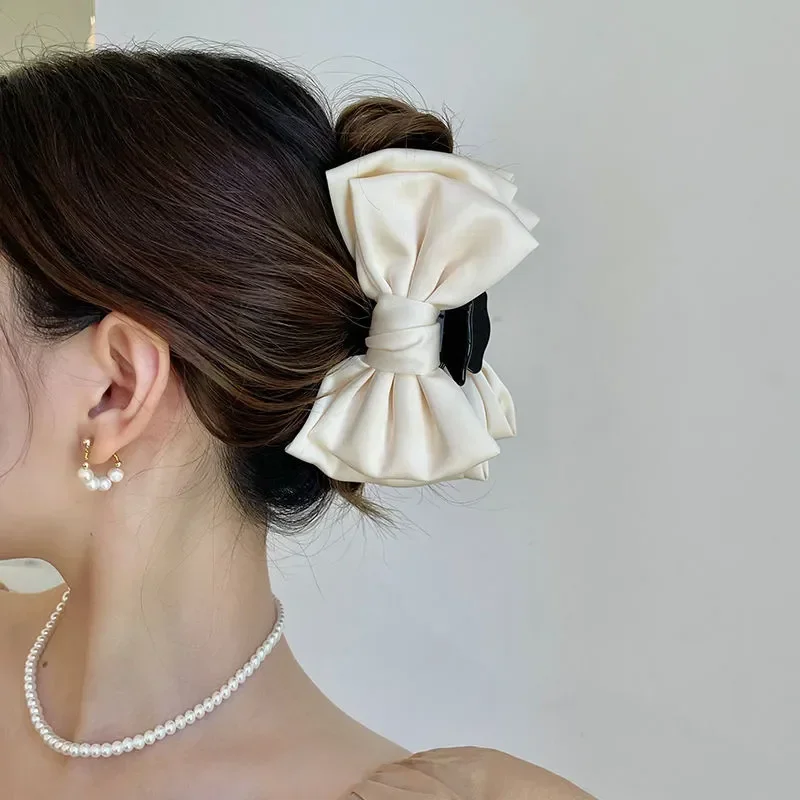 Elegant Women Double-sided Bow Hair Claw Clips Large Satin Shark Hair Claw Solid color Bowknot Hairpins back of head Headwear