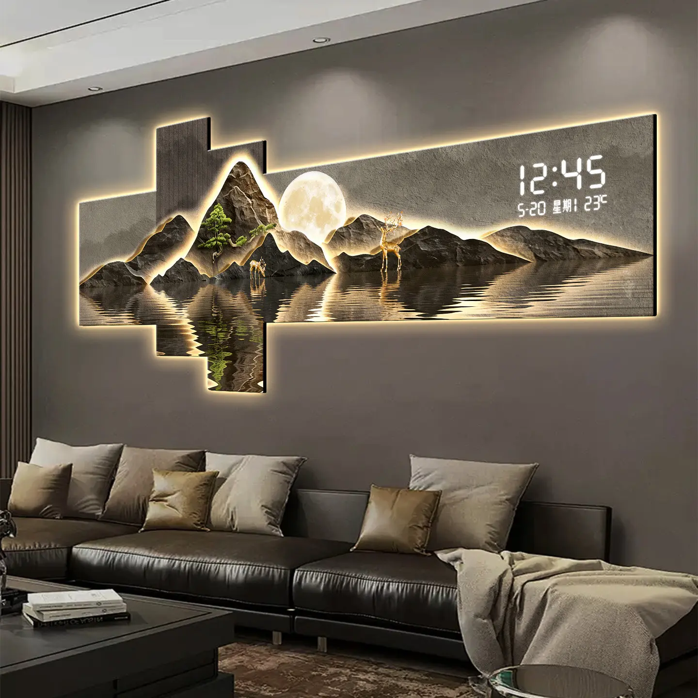 high-end large wall clock light luxury sofa background electronic decorative painting digital display decoração luxo furniture