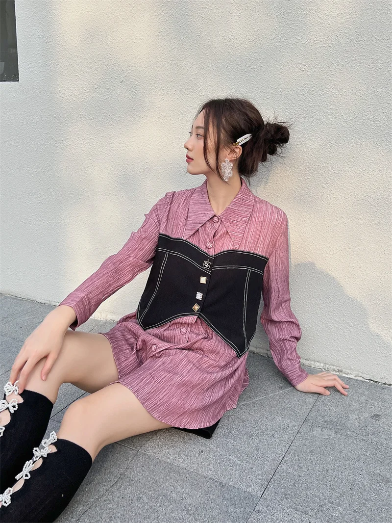 CHEERART Purple Fake 2 Piece Designer Long Shirt For Women 2023 Patchwork Long Sleeve Top Button Up Collar Shirt Blouse Fashion