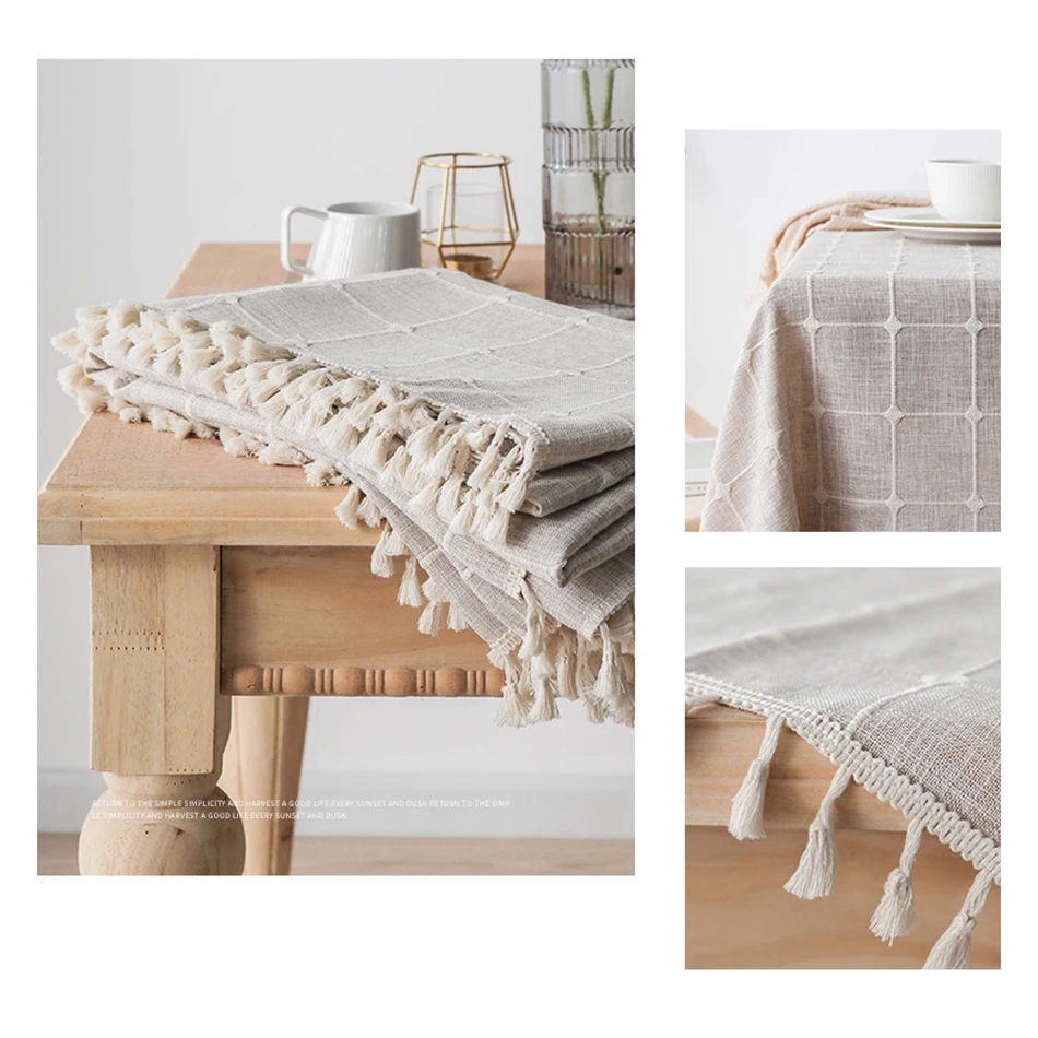 Three-dimensional Jacquard Checkered Lace Tablecloth,Cotton Linen Tassels Dust-Proof Table Cover,For Dinning Party Wedding Decor