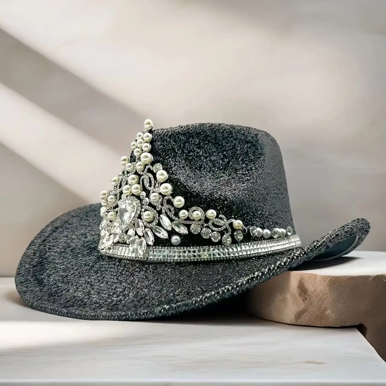 HongLuan Czarny Kapelusz na Halloween dla Dorosłych, Luksusowe Kapelusze Kowbojskie z Cyrkoniami dla Kobiet, Akcesoria do Cosplayu i Kapelusz Kowbojski