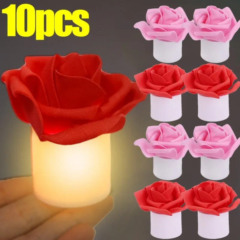 10/2Pcs Rose Candle Lamps Simulation Rose Flower LED Night Lights Romantic Valentine's Day Wedding Decor Battery Powered Candles