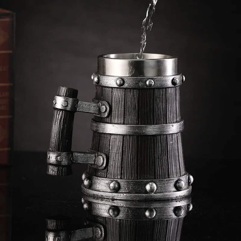 Retro Medieval Viking Tankard Mug Imitation Wood Grain 304 Stainless Steel Beer Coffee Cup Bar Party Drinkware Gift