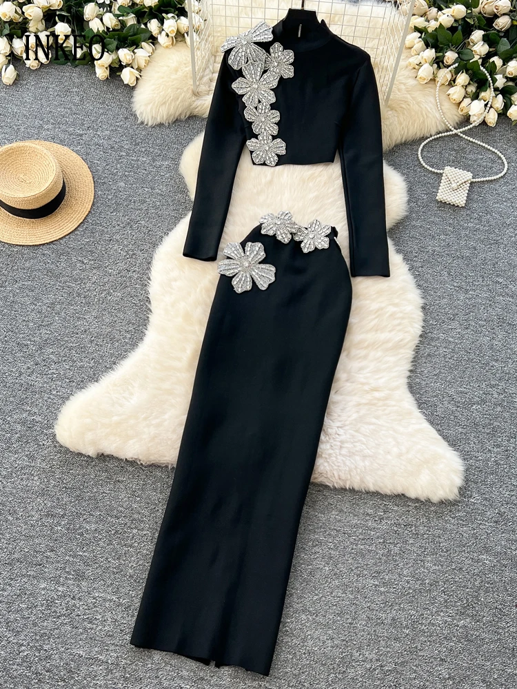 

Luxury Women Rhinestone Floral 2 Piece set Black 2025 Spring Elegant Long sleeve knit crop tops And High waist long skirt 4D143