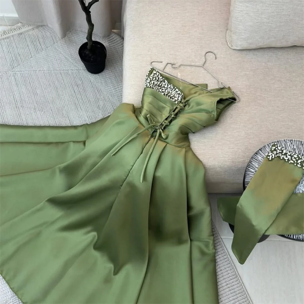 Amanda Customized Green One Shoulder A-Line Prom Dresses Rhinestones Lace-Up vestidos de noche Detachable Sleeves Formal Evening