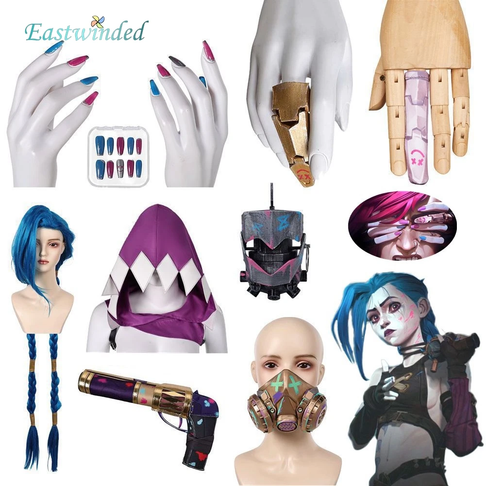 Arcane Jinx Cosplay Vinger Covers Wapens Rekwisieten Spel LOL Hoed Pruik Nep Nagels Maskers Kostuum Accessoires Halloween Rollenspel