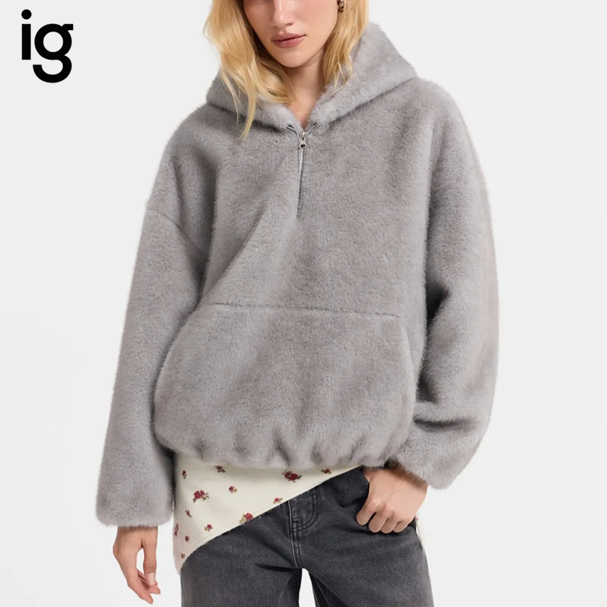 IG Women  Fuzzy Fleece Half Zip Hooded Pullover, Kangaroo Pocket Elastic Hem & Cuffs, Winter Warm Casual Street Loungewear