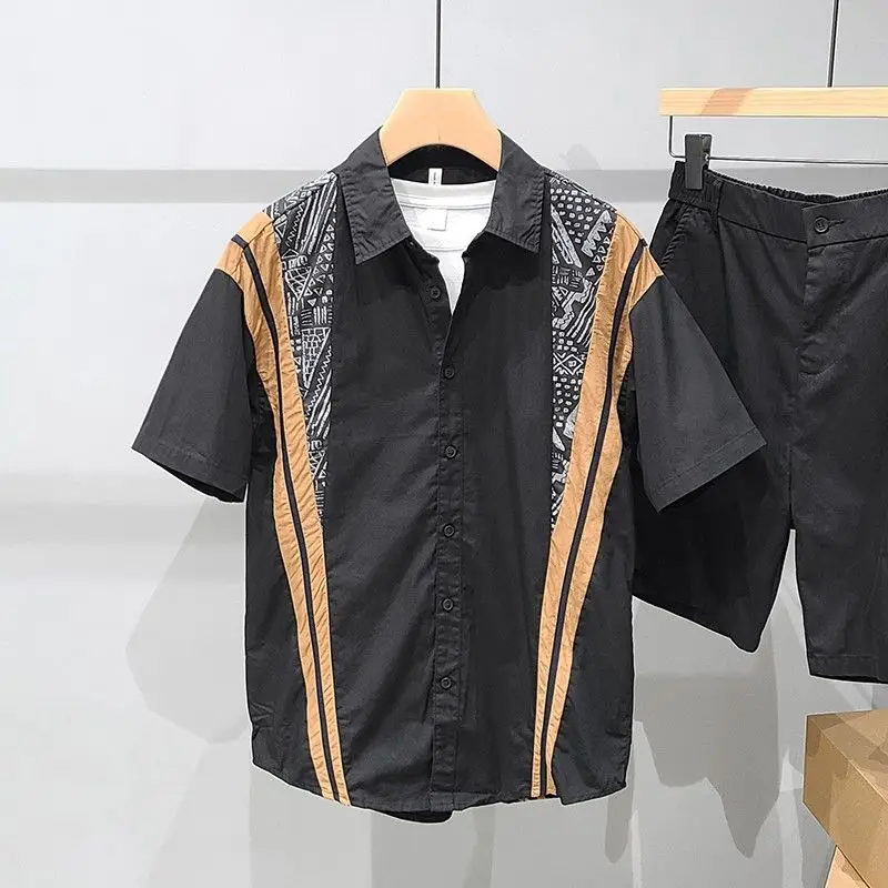Summer Men Contrasting Color Splicing Short-sleeved Shirt Fashionable Loose Casual TopYY36