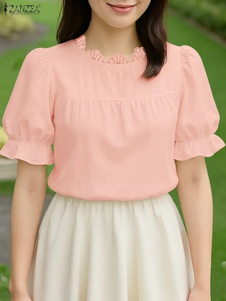 

ZANZEA 2026 Summer Blouse Women Elegant Puff Sleeve Office Blouses Casual Solid Shirt Stylish Short Sleeve Lace Patchwork Tops