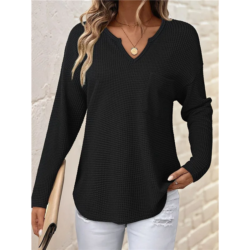 ASDS-dames tops wafelgebreid lange mouwen gekerfde V-hals shirts casual trendy effen kleur losse blouses