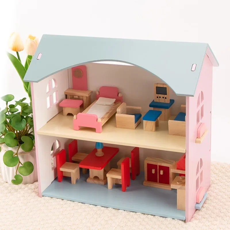 

Toddler Toys Wooden Double-deck Miniature House Kit Dollhouse Accessories Furniture Diorama Building Blocks Montessori Girls Toy