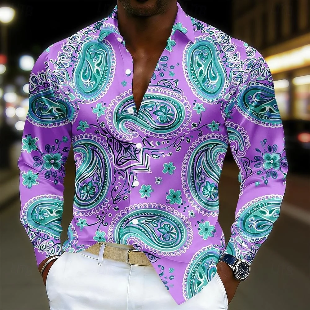 New men's retro ethnic style long sleeved shirt with pink orange purple gradient paisley spiral pattern lapel top