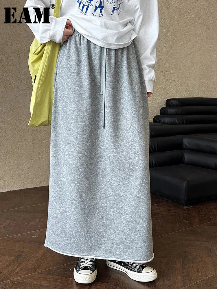 

[EAM] High Elastic Waist Gray Brief Fold Hem Long Casual Half-body Skirt Women Fashion Tide New Spring Autumn 2024 1DH7035