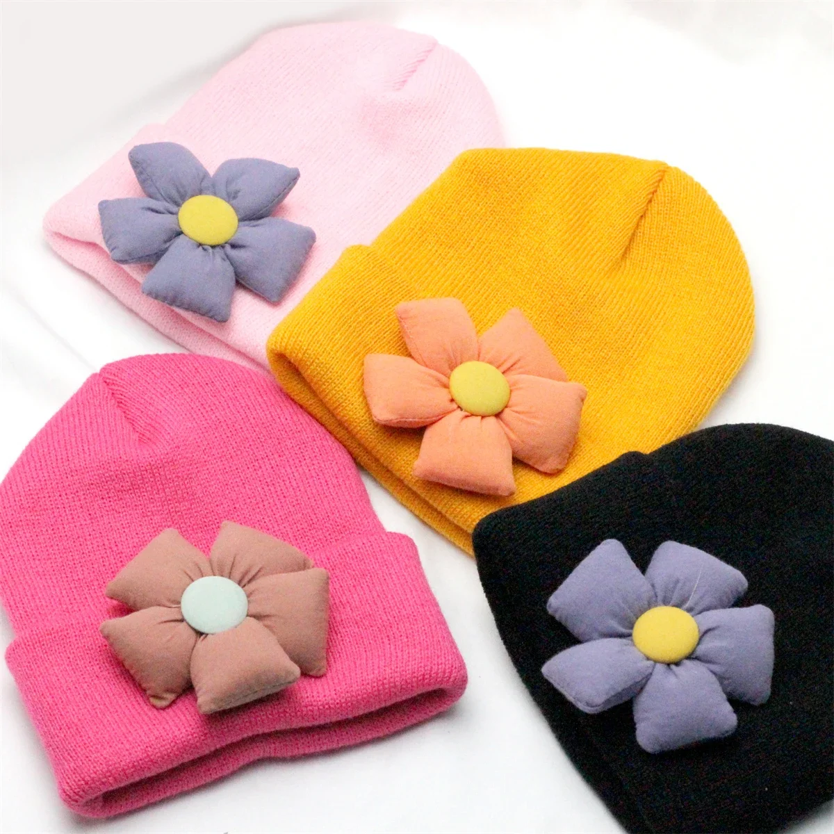 Knitted Beanie with Fabric Sun Flower Baby Girls Big Flower Winter Warm Bonnet Children Crochet Hat Cute Newborn Turban Hats