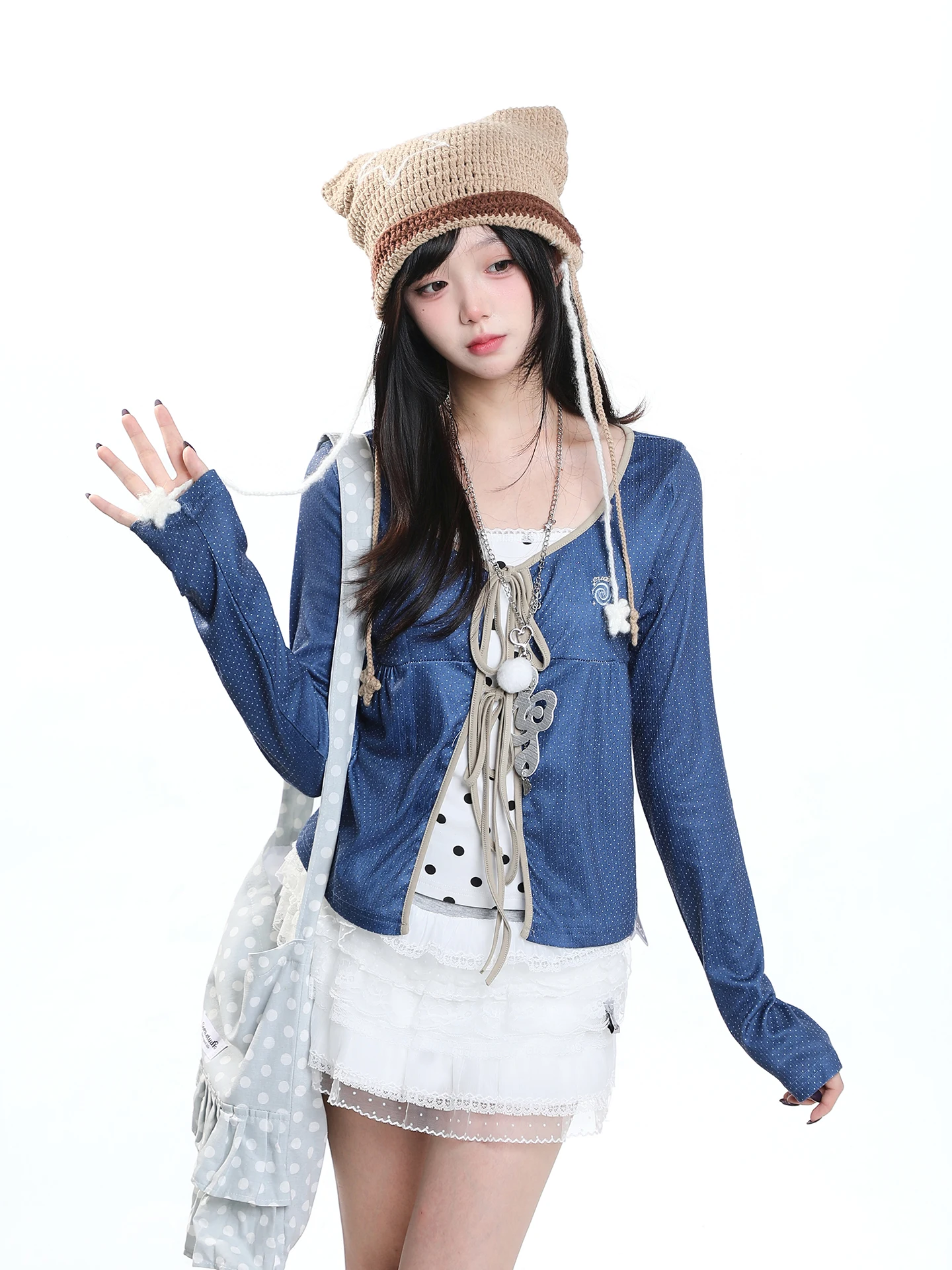 Korean Style Long Sleeve T-Shirt Women's Autumn Waist Cinching Slimming Unique Beautiful Fake Two-Piece Top with Polka Dot An...