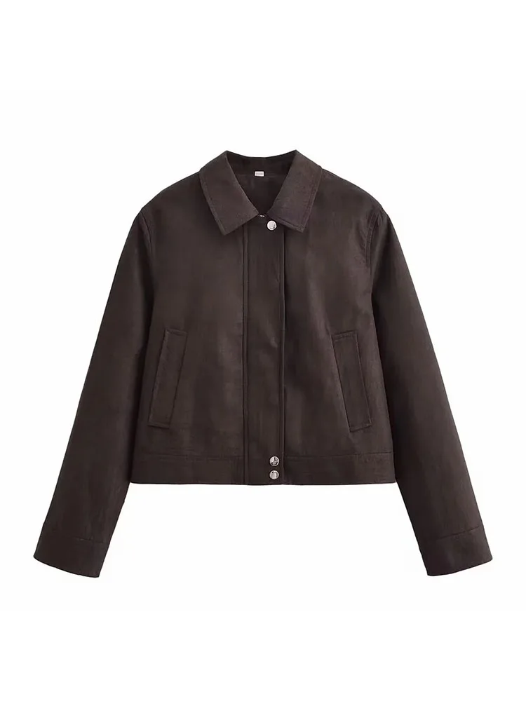 سترة نسائية موضة خريف 2025 عتيقة من جلد الغزال بأكمام طويلة وجيوب معاطف نسائية ضيقة بسحاب عالي الشارع #1