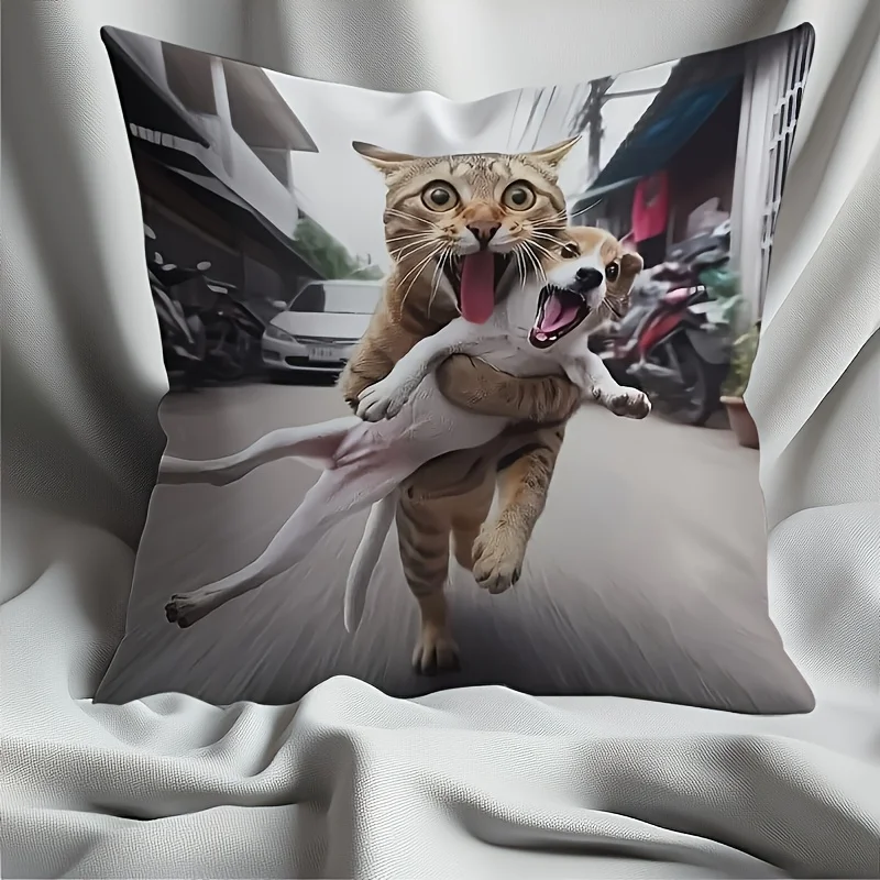 1PC Cute Cat & Dog Hug Pillowcase, Short Plush, Zipper Closure, Machine Washable, Decorative Pillow Cover for Car Bedroom Sofa